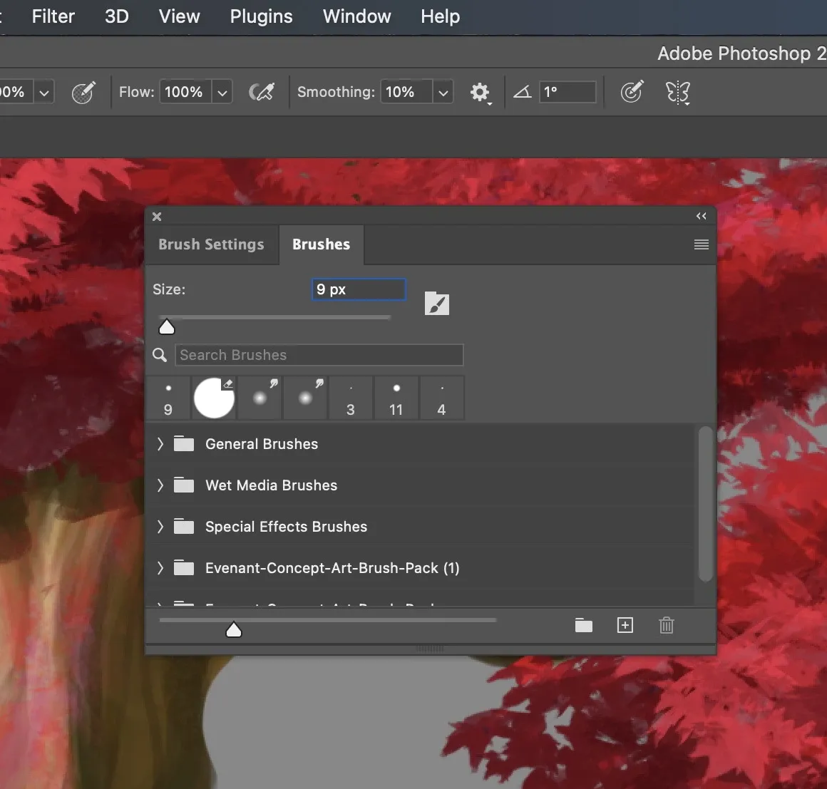 Photoshop Brush Panel populated with the newly loaded ABR brush set, ready to paint with