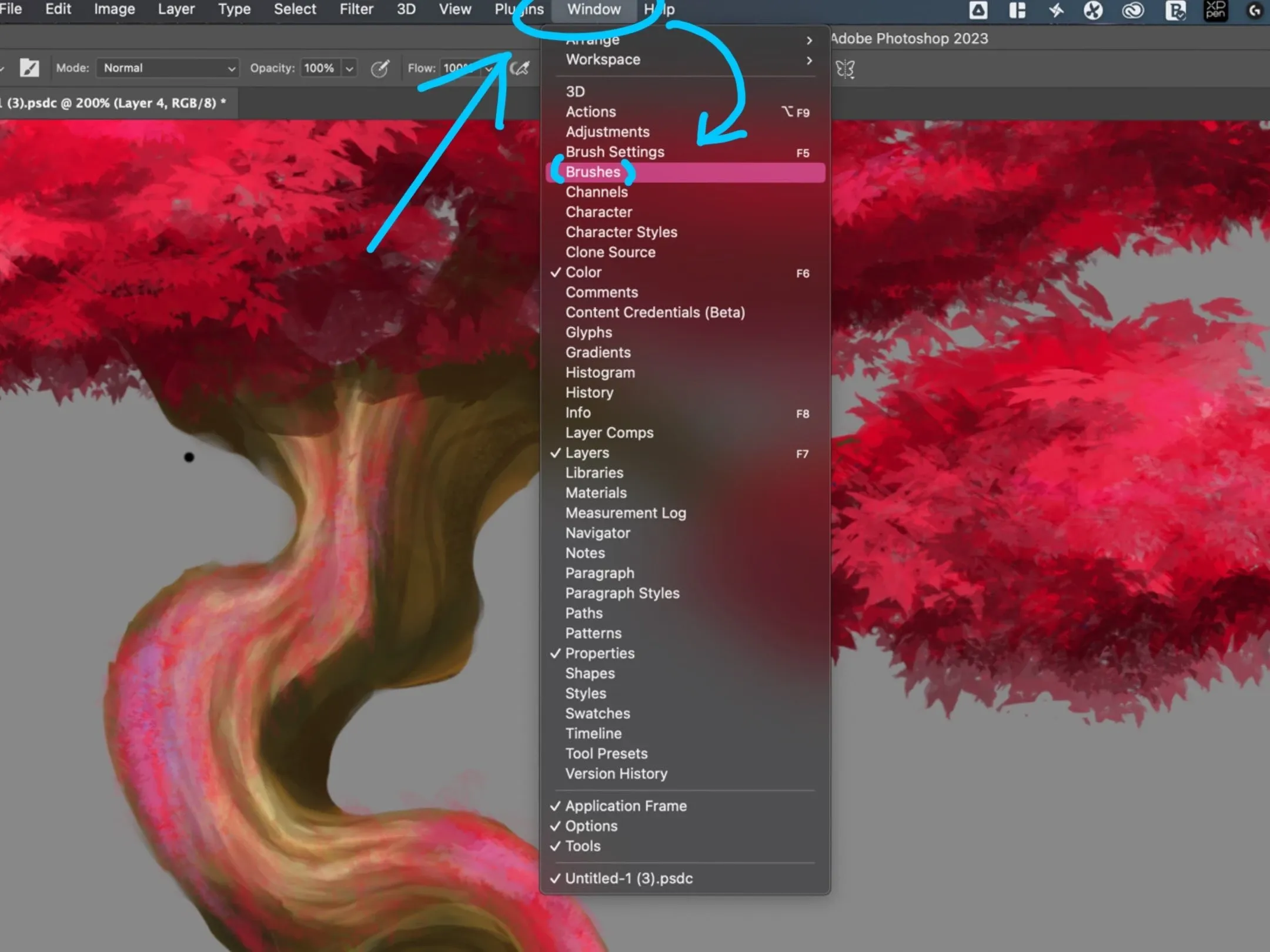 Photoshop Window menu opened with the Brushes option highlighted to reveal the Brush Panel