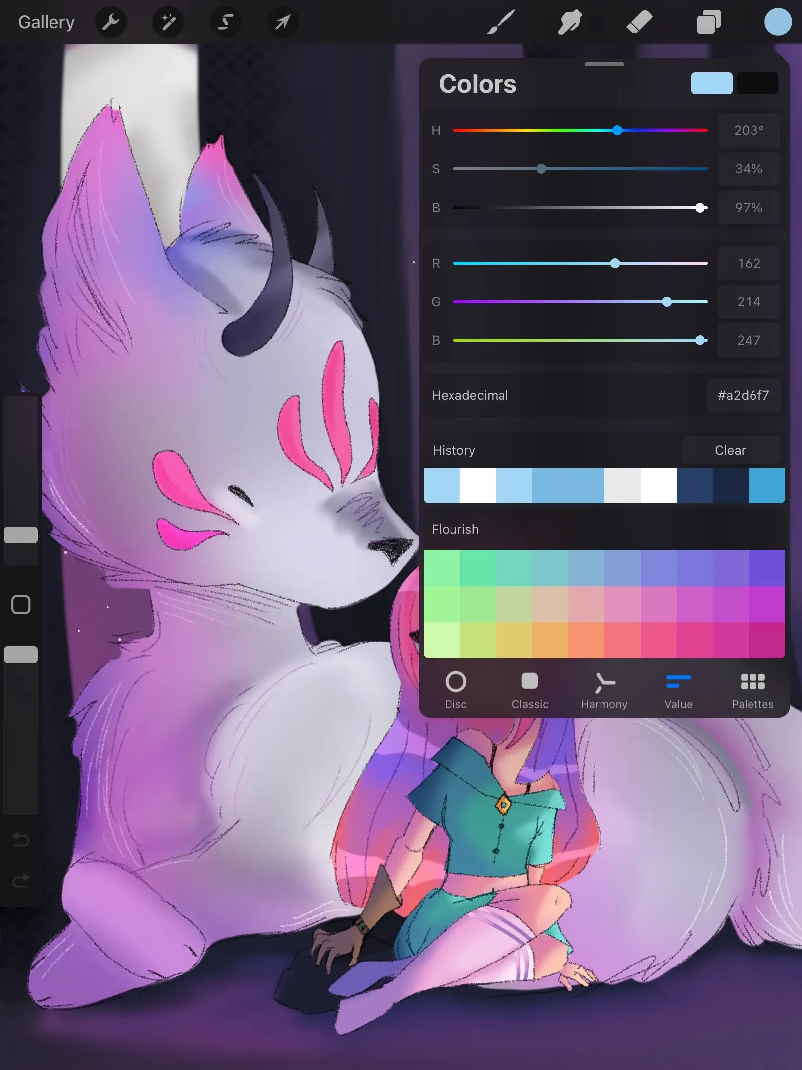 Procreate Classic color palette mode: square color field, hue slider, and the current selection swatch