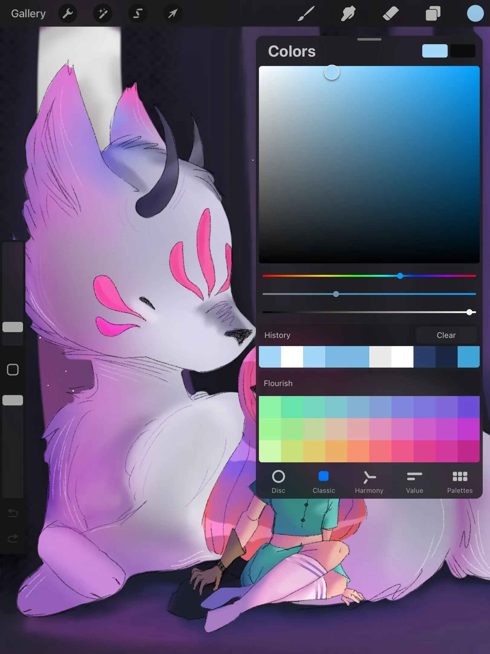 Procreate ColorDrop in action: drag the top-right color swatch onto a region of the canvas to fill it