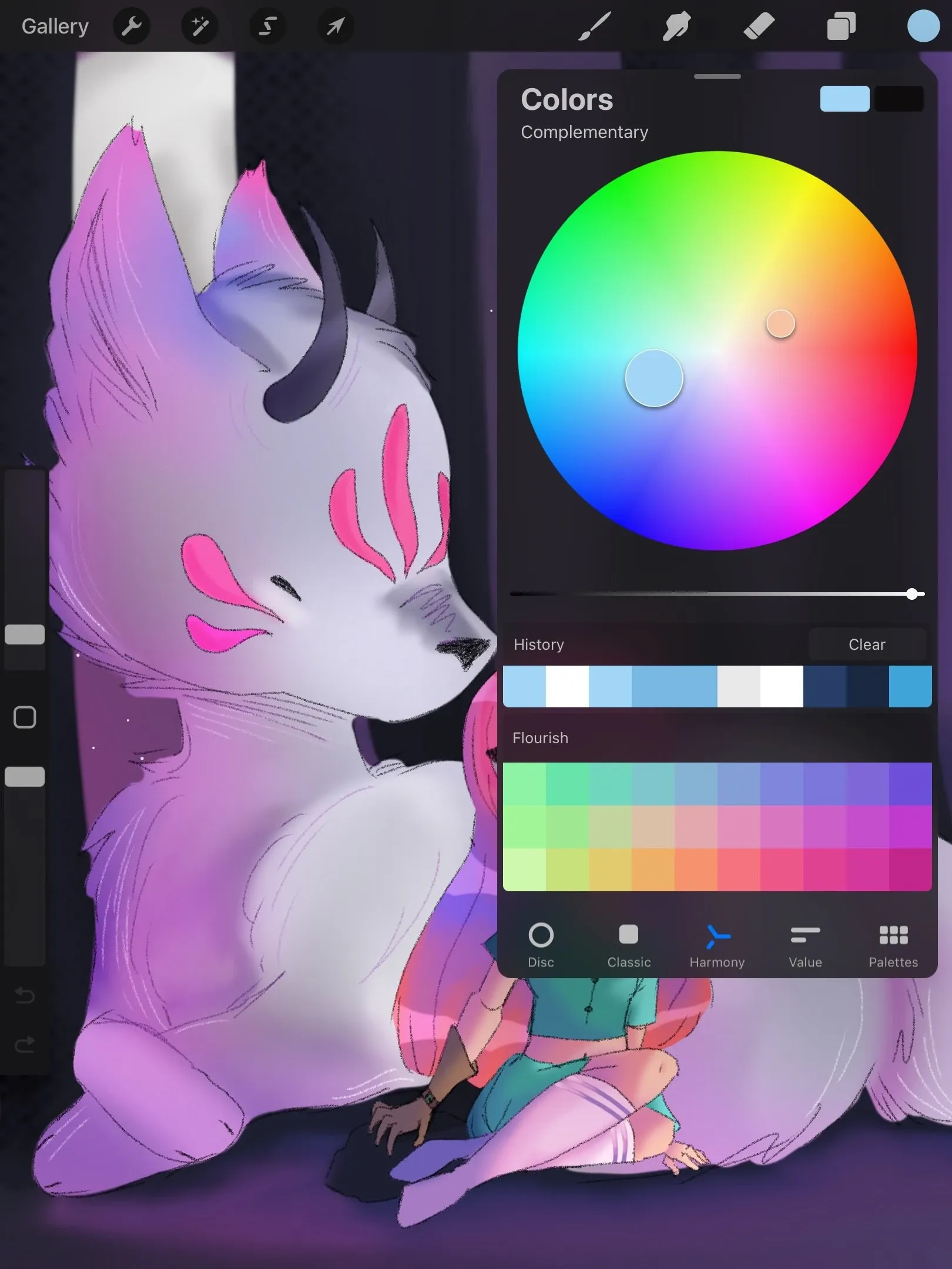 Procreate Disc color palette mode: outer hue ring with an inner saturation-and-value disc