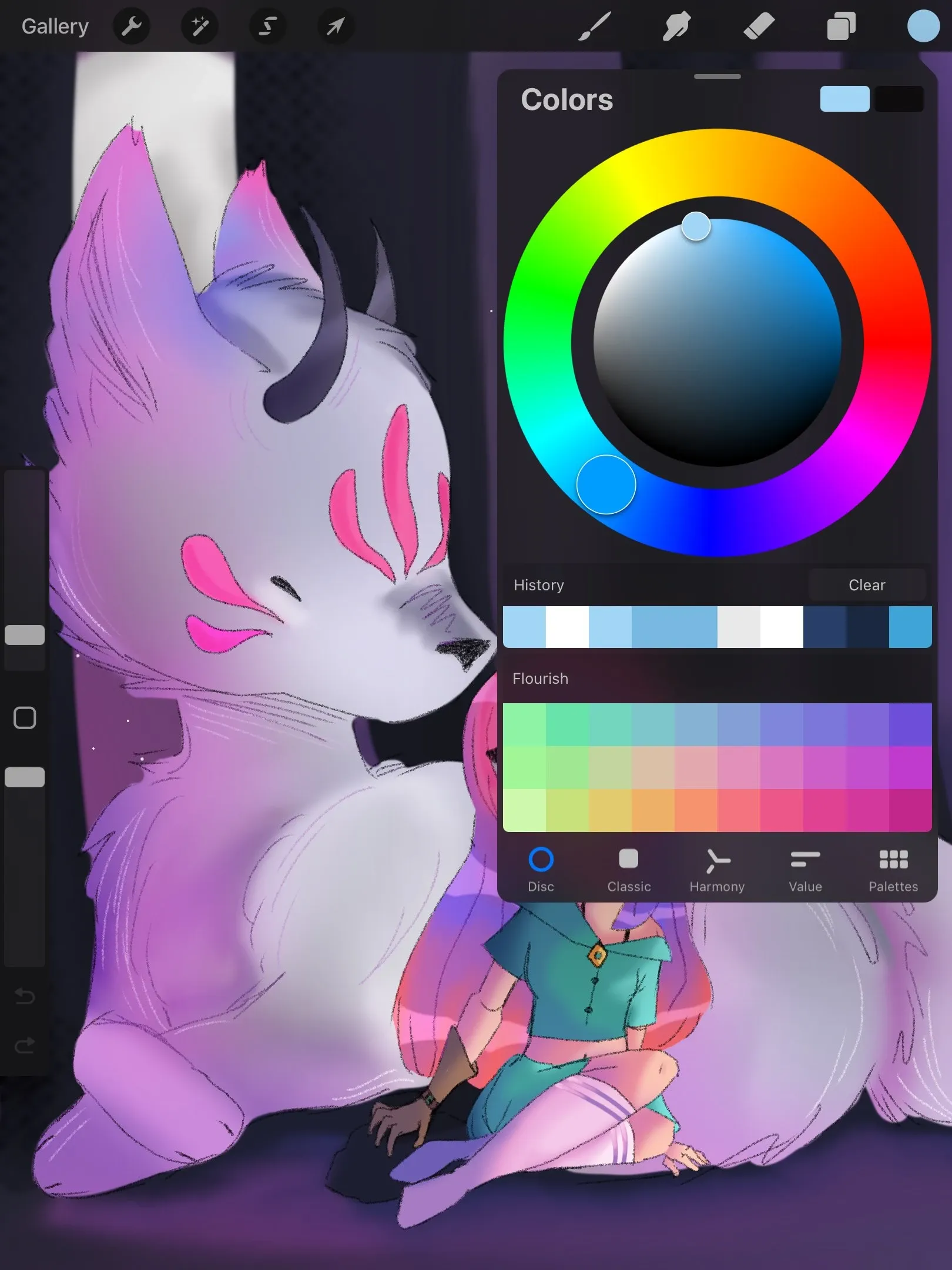 Procreate eyedropper tool: press-and-hold on the canvas shows a magnified ring with the picked color