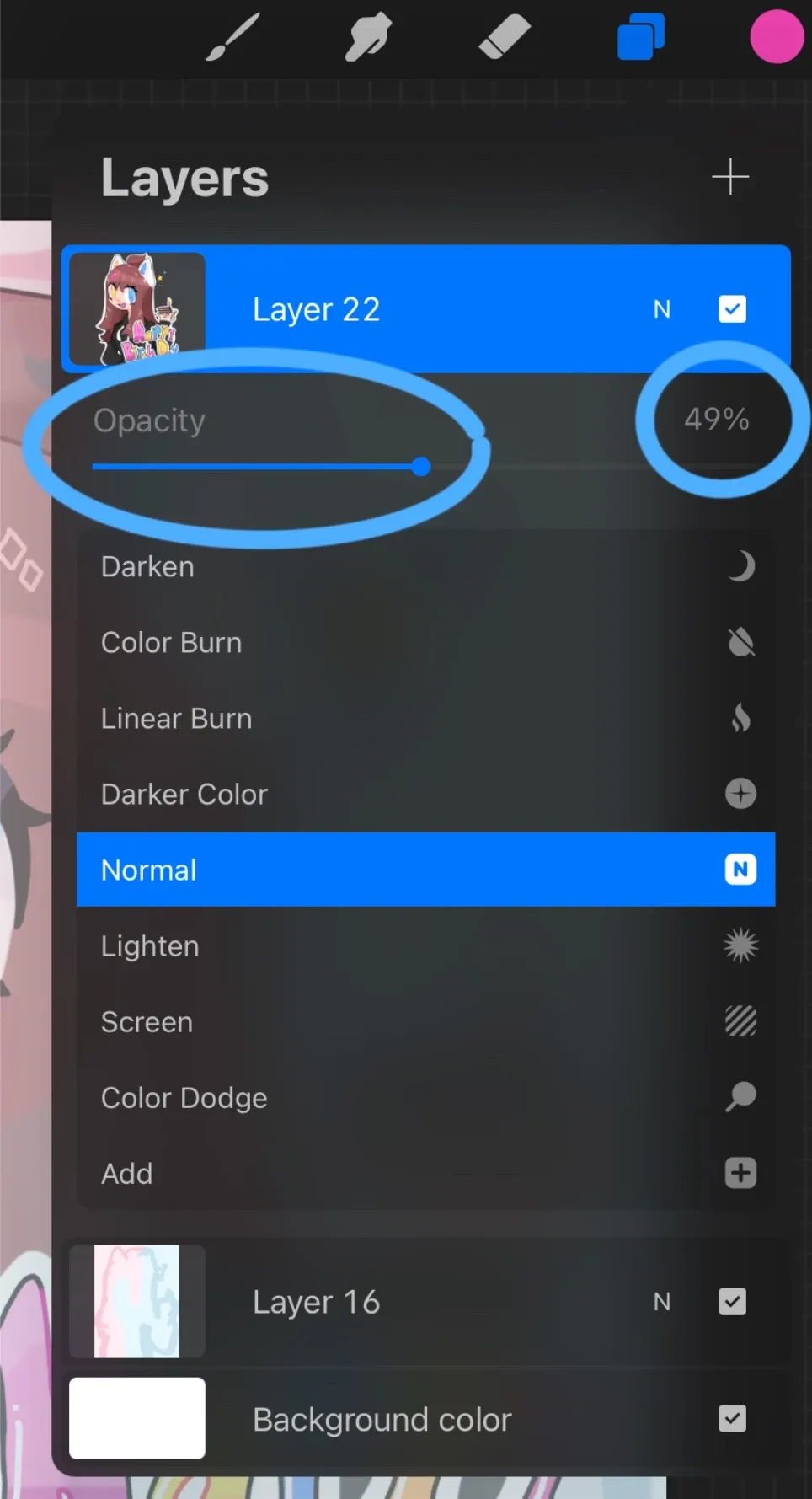 Procreate layer detail menu opened with Rename, Clear, Copy, Colour, and Select options listed