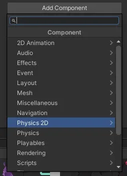 Unity Inspector Add Component dropdown opened with the Physics 2D submenu visible
