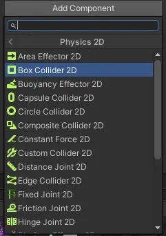 Unity Inspector Physics 2D submenu with Box Collider 2D ready to select