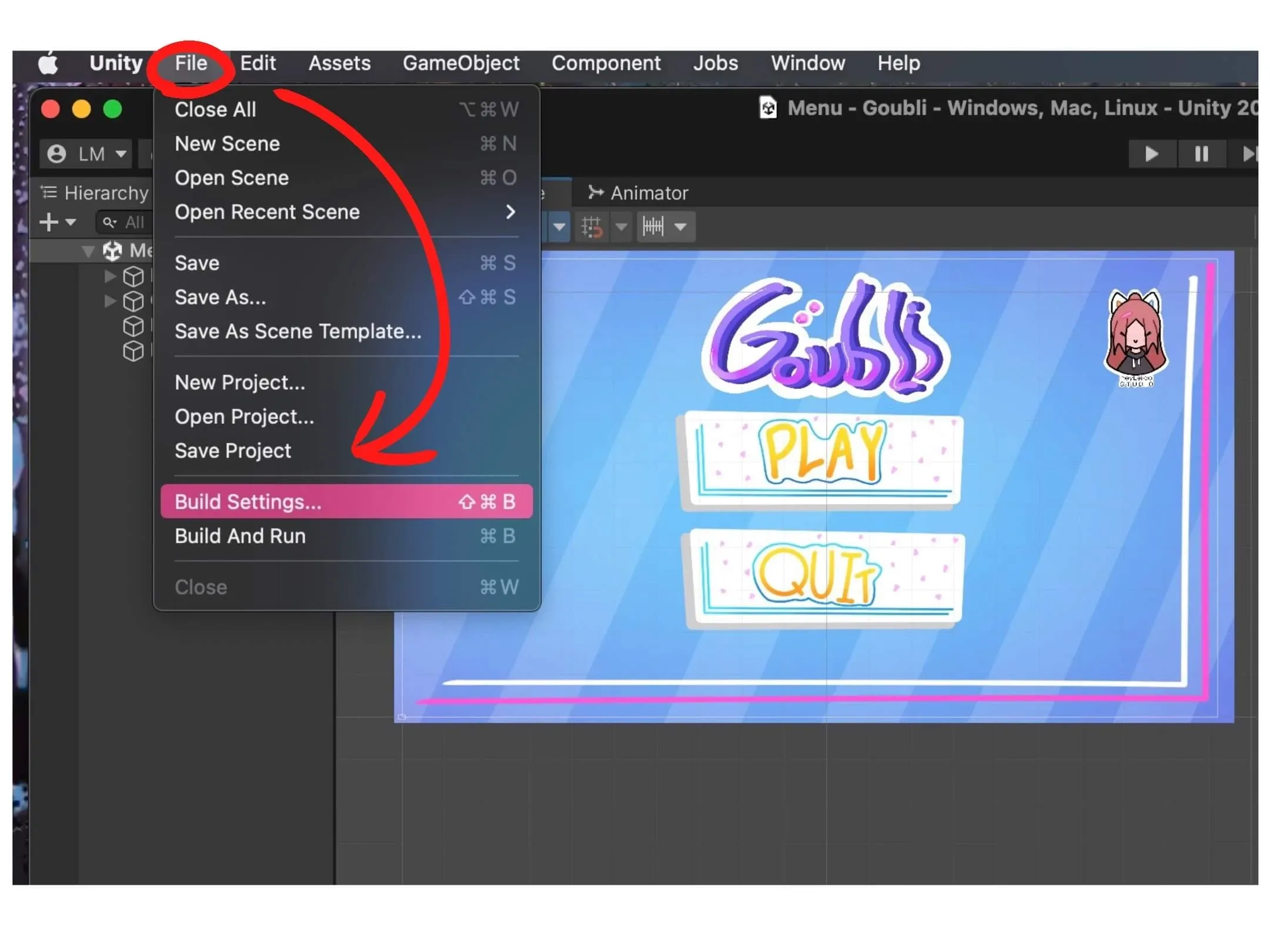 Unity Build Settings window with the Player Settings button highlighted in the lower-left corner