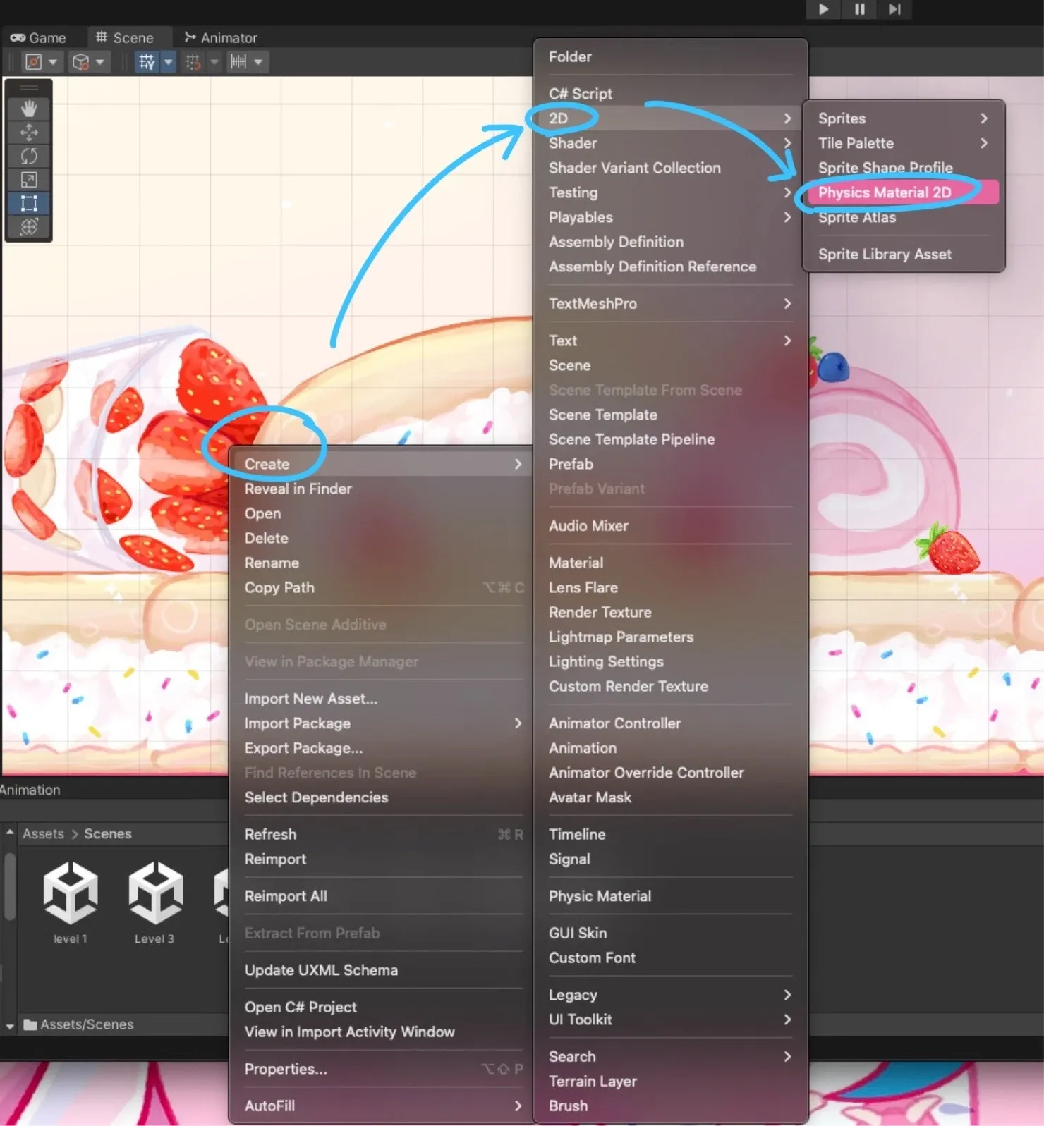 Unity Project window context menu opened on the Assets folder with the Create → 2D → Physics Material 2D path highlighted