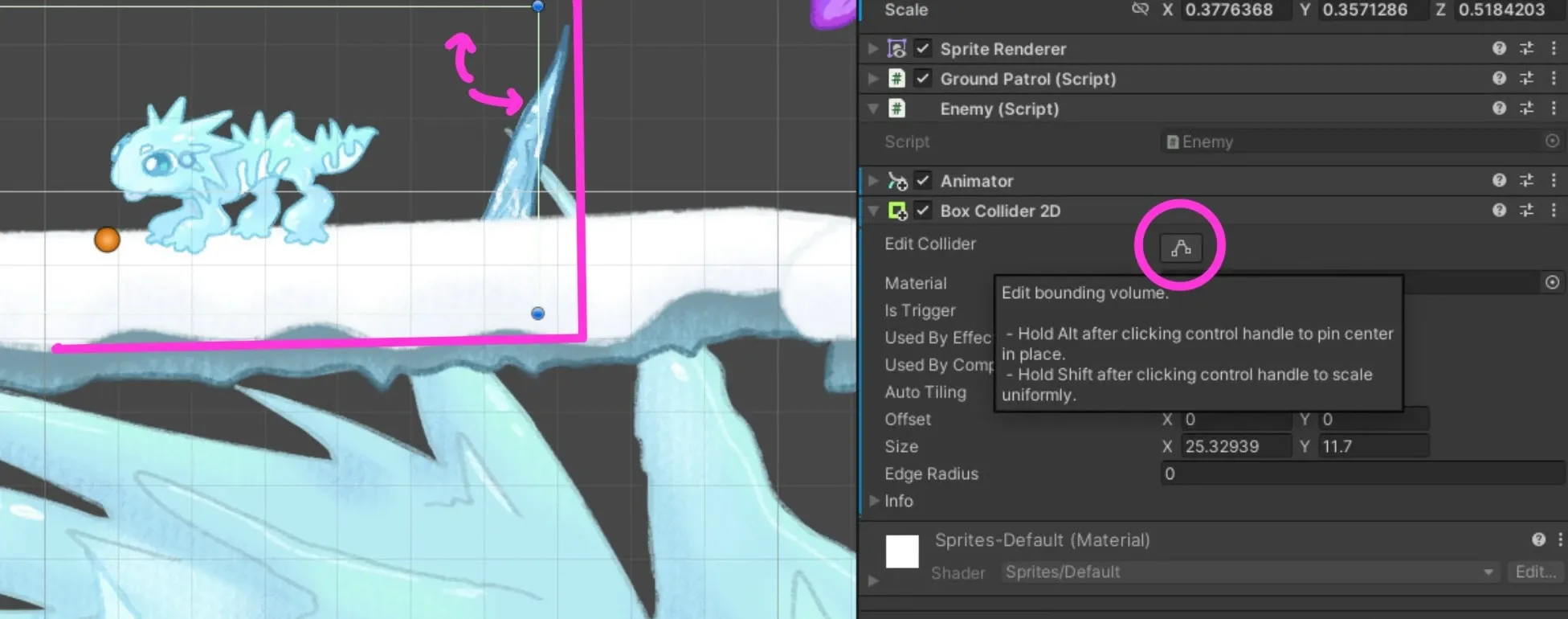 Unity Scene view with the default green Box Collider 2D boundary surrounding the selected sprite