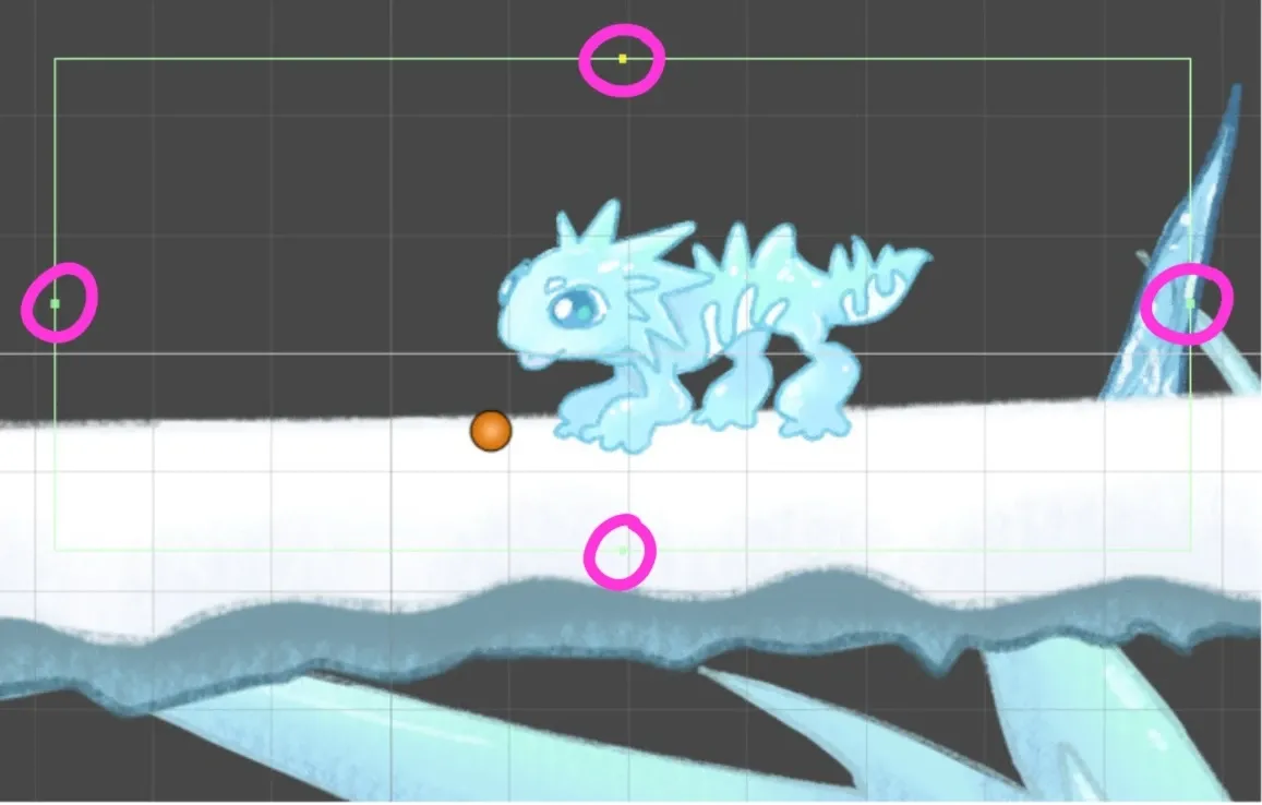 Unity Scene view in Edit Collider mode with the green handle dots ready to be dragged to reshape the collider