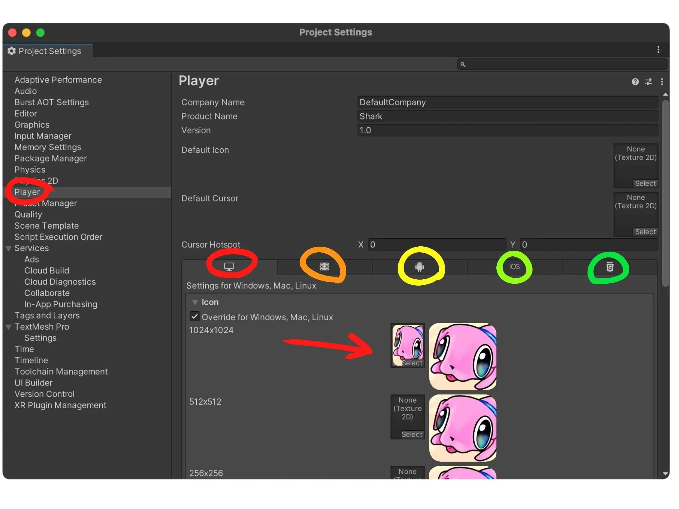 Unity Player Settings with the Override for Standalone checkbox enabled to reveal icon upload fields