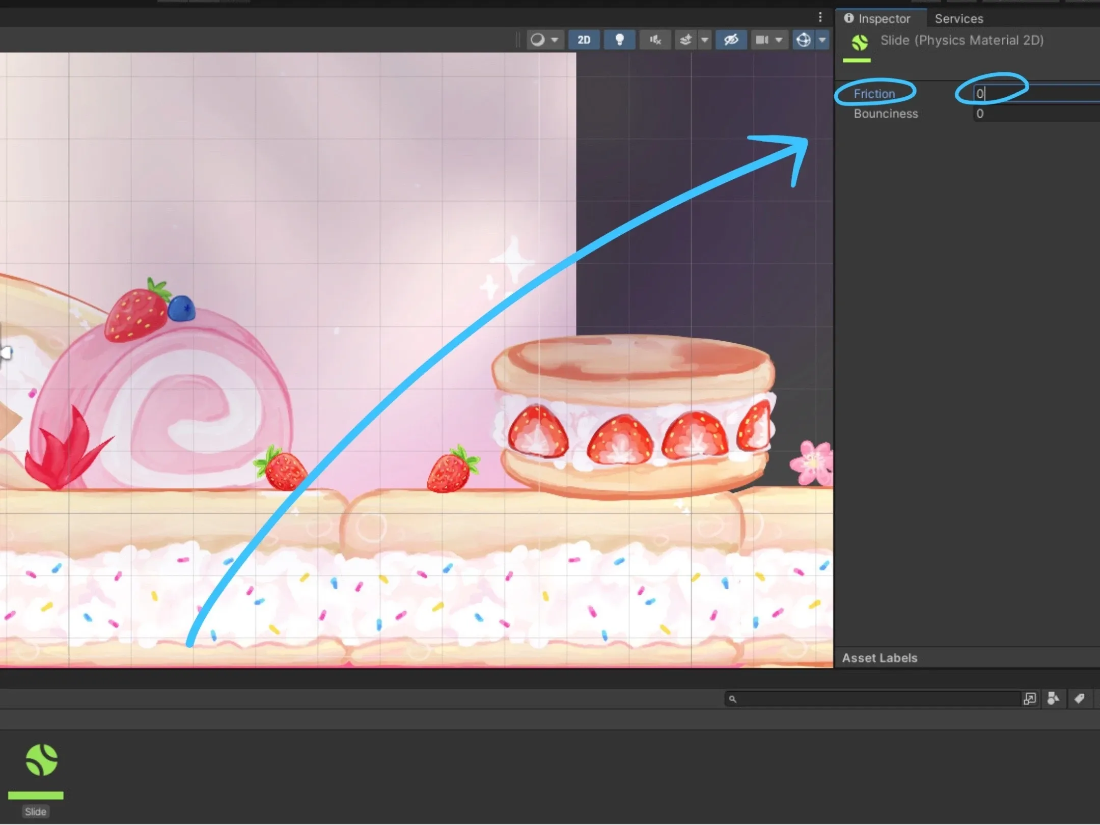 Detail view of the Physics Material 2D Inspector with Friction set to 0 and Bounciness left at default