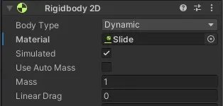 Unity Inspector after dropping the slide Physics Material 2D into the player Rigidbody 2D Material field