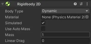 Unity Inspector with the player Rigidbody 2D Material slot ready to receive the dragged Physics Material 2D